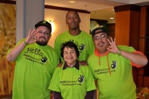 Dolores Huerta with Walmart workers during the Ride for Respect in summer of 2013