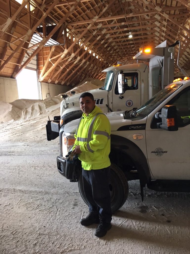 UFCW Local 1994 member stands in a building full of road salt