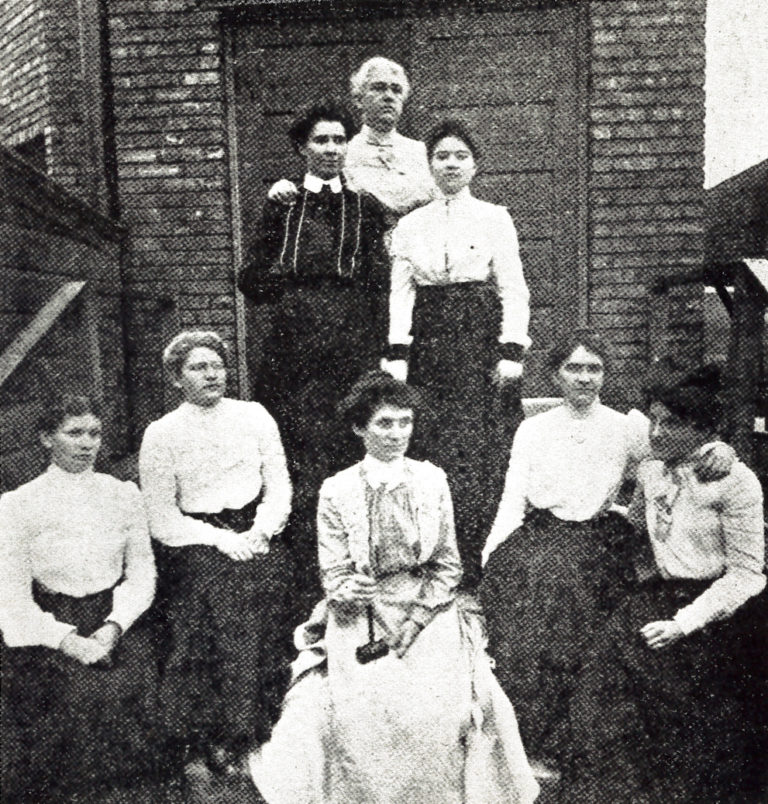 Officers of Local No. 183 of the Amalgamated Meat Cutters and Butchers' Workmen of North America, the first union of women workers of the Union Stock Yards in Chicago. 1902