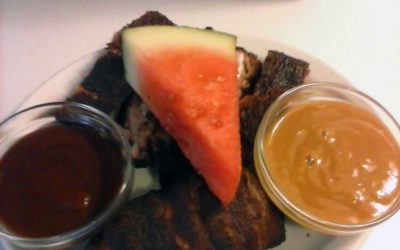 Geno Lis's smoked watermelon, ribs, and bacon wrapped chicken thighs