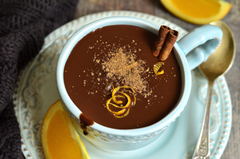Homemade hot chocolate with orange and cinnamon.