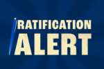 blue background with the words Ratification Alert in cream-colored font