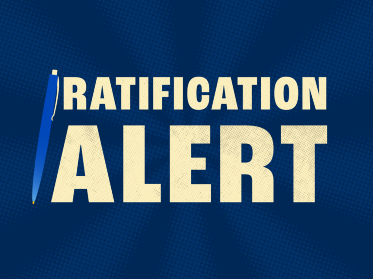 blue background with the words Ratification Alert in cream-colored font