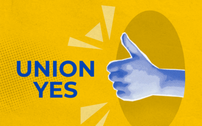 Yellow background with the words Union Yes near a photo of thumbs-up