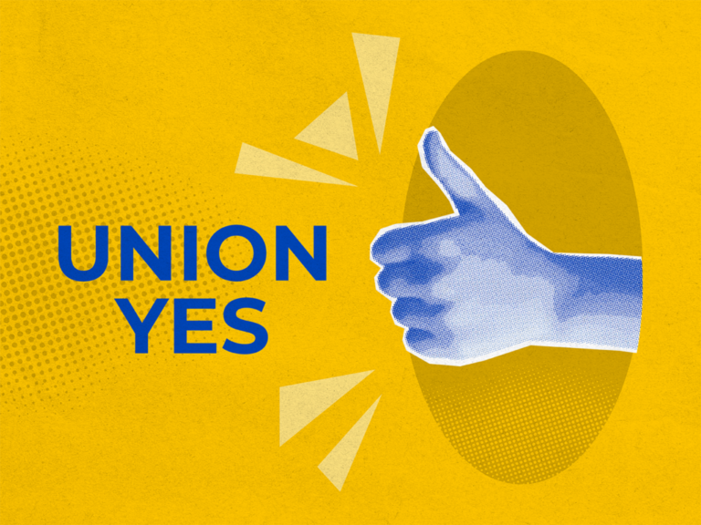 Yellow background with the words Union Yes near a photo of thumbs-up